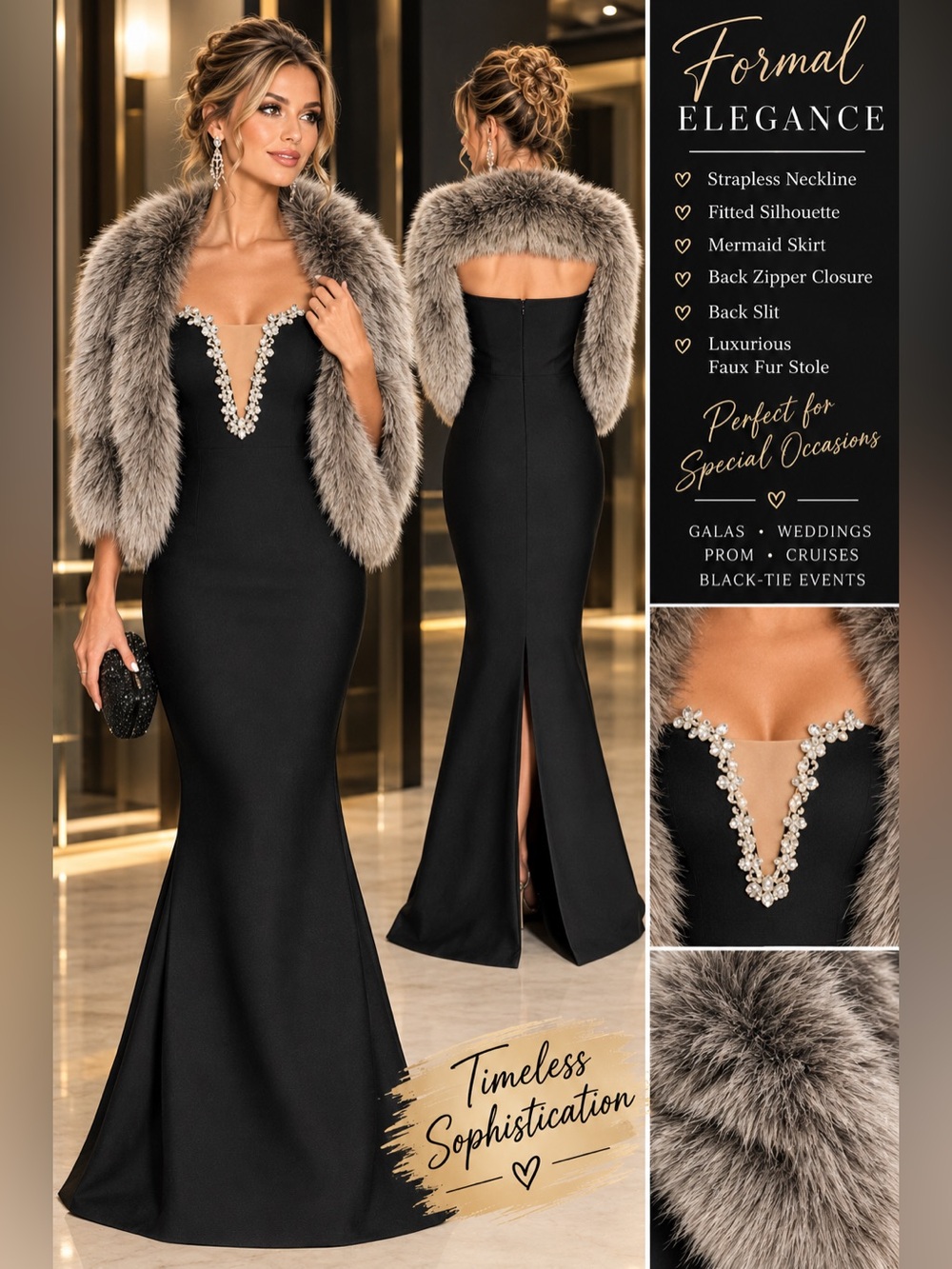 Black Strapless Mermaid Evening Dress with Faux Fur Stole